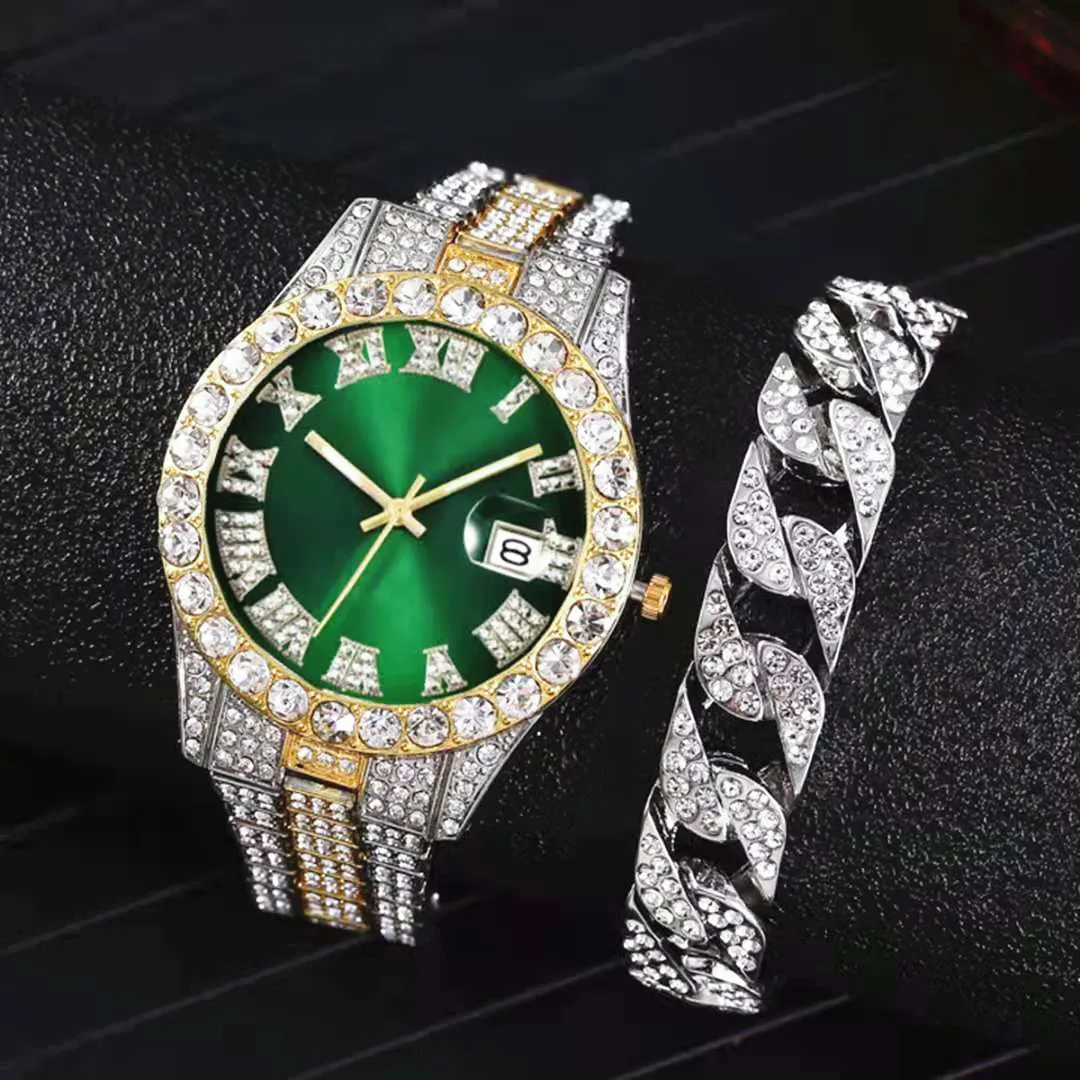 

Luxury Full Iced Out Watch for Men Bracelet Big Gold Cuban Chain Watch Hip Hop Watch Men Miami Rhinestone CZ Bling Jewelry Set