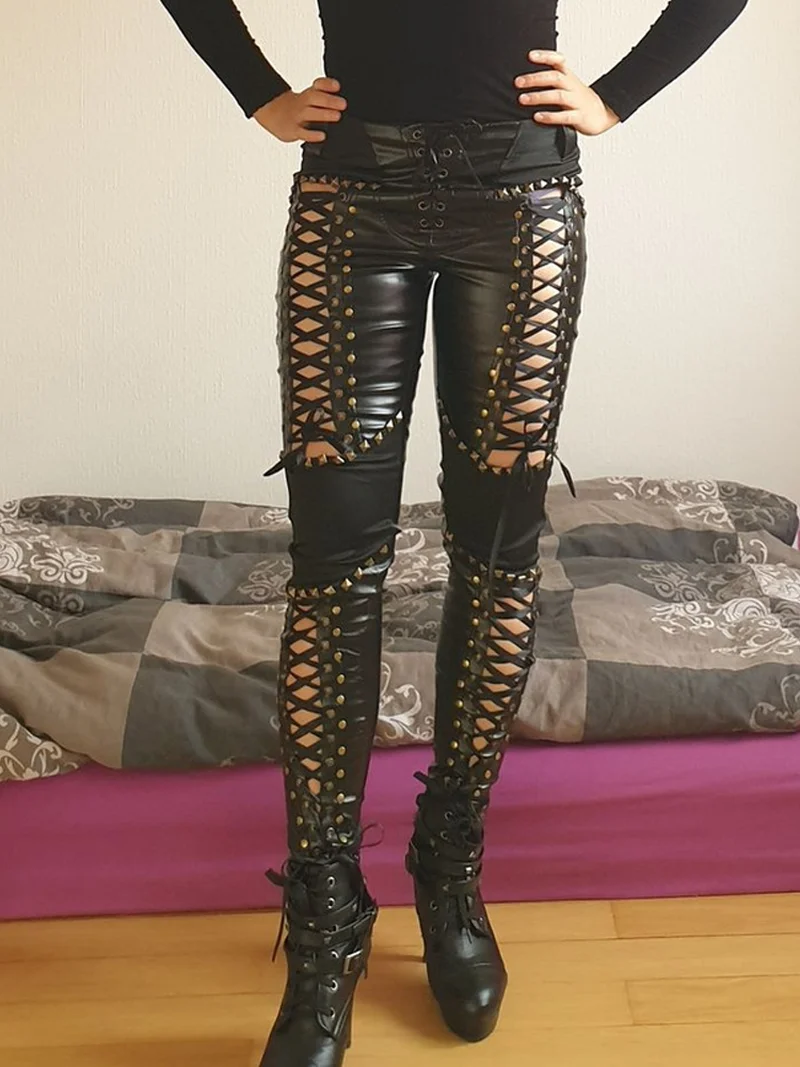 

Gothic Woman Pants Faux Leather High Waist Pant Spring Summer Hollow Lace Up Punk Skinny Pants Black Fashion Trousers