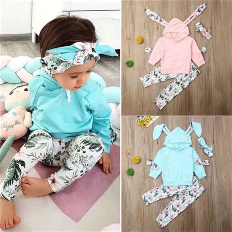 

Комплект одежды для новорожденных девочек, Топ с длинным рукавом + штаны + повязка на голову, комплект детской одежды, милый стиль с кроликом,...