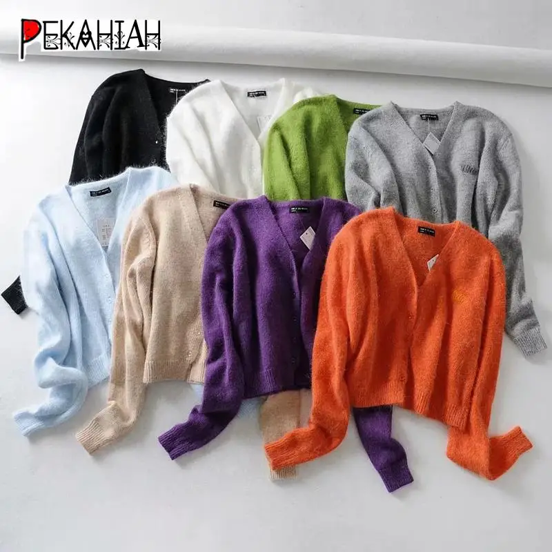 Весенний черный кардиган до талии с кроличьим мехом женский укороченный свитер