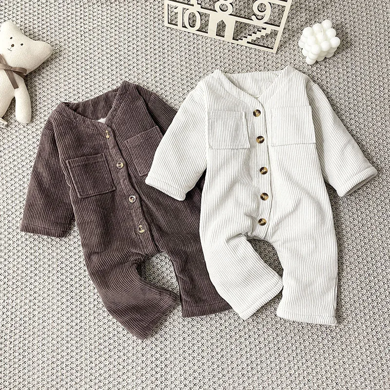 

0-3Yrs Newborn Baby Boys Girls Corduroy Jumpsuit Winter Kids Boy Girl Pure Color Thicken Clothes Infant Children Rompers