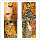Алмазная 5D картина Девочка с золотой слезой от Klimt, картина Стразы, алмазная вышивка, сиреневые цветы, мозаика, искусство, украшение для дома