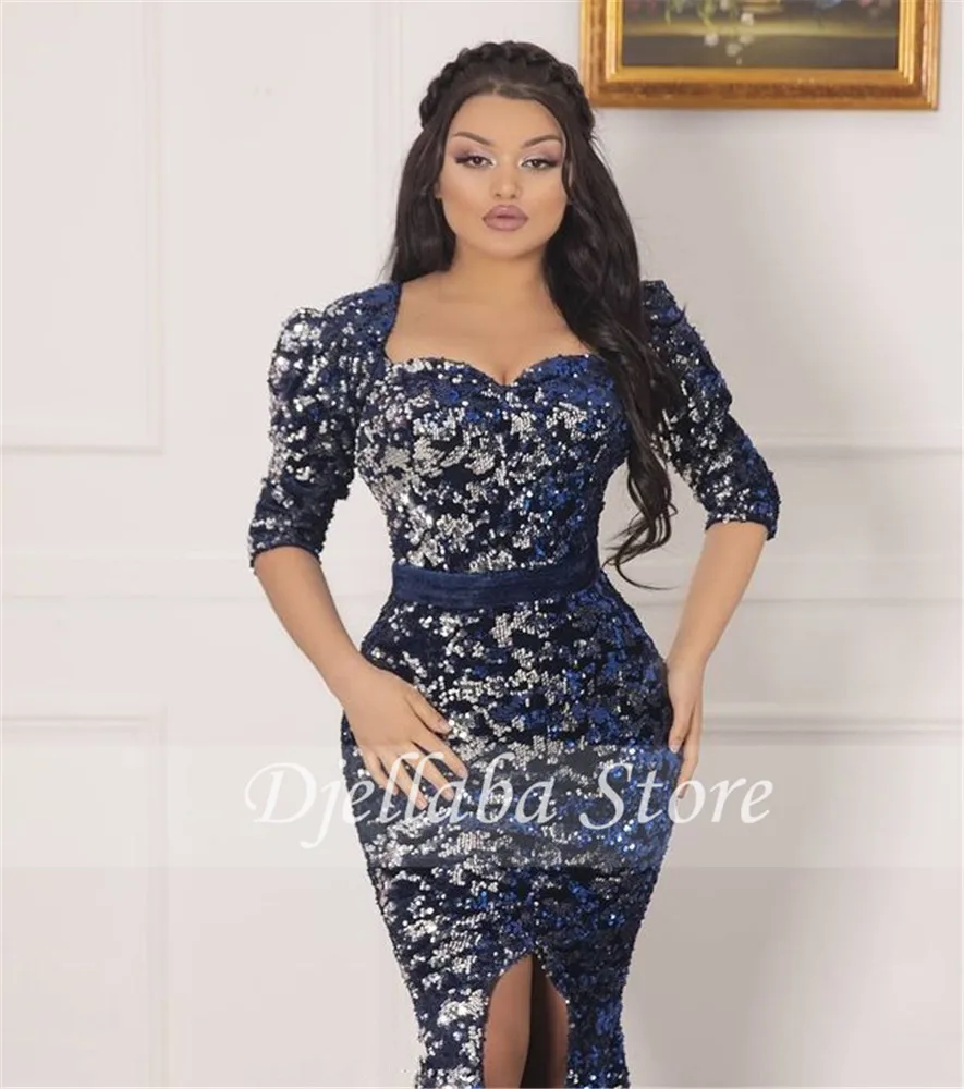 

Sequined Prom Dress Mermaid Half Sleeves Front Split Split Evening Party Gowns Middle East Robes De Soire