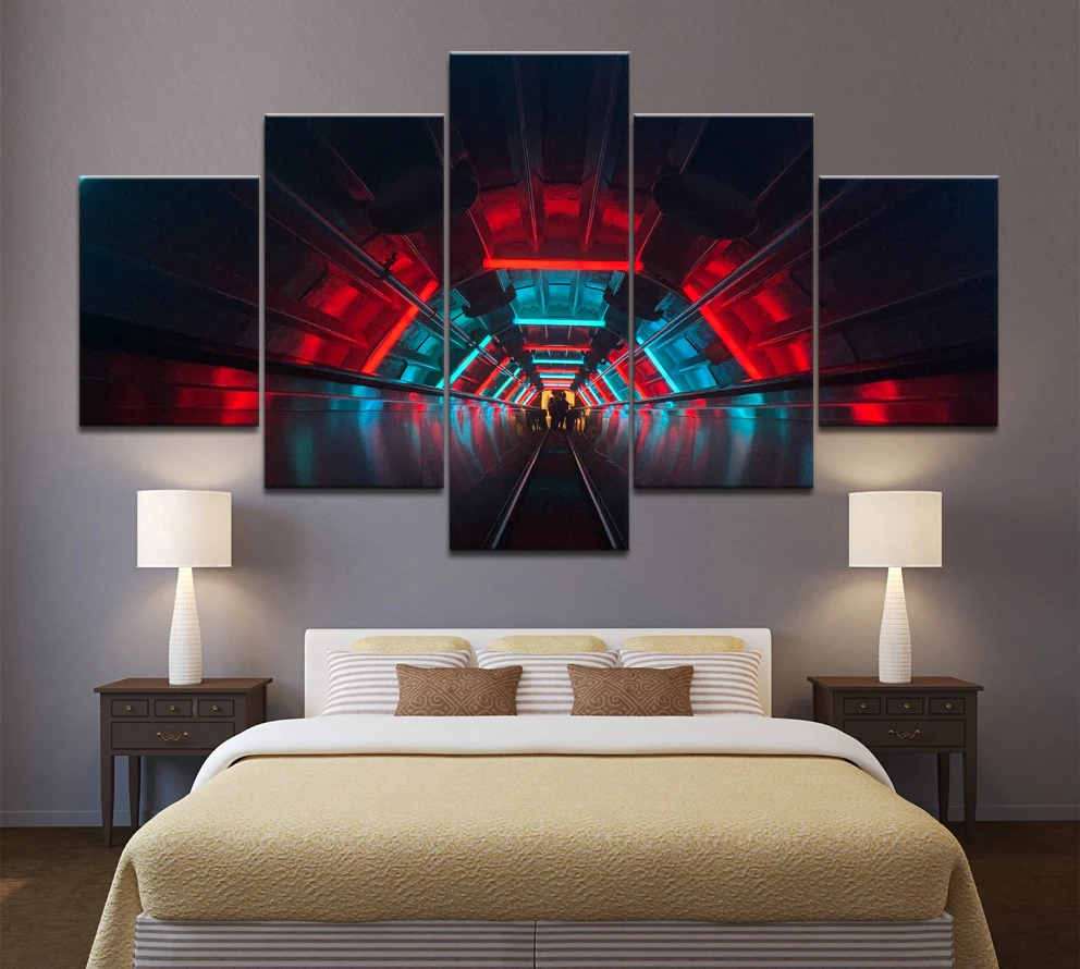 Home Decor Modular Poster 5 Panel escalator tunnel dark neon Painting Modern Canvas Print Pictures Wall Art Frame | Дом и сад