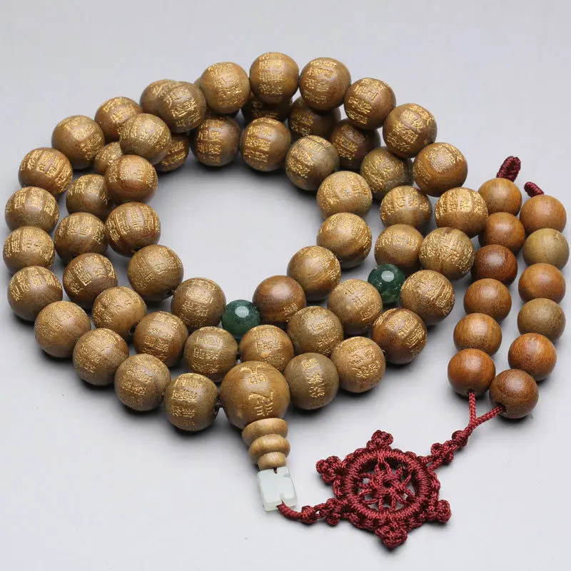 

12mm Green Sandalwood Tibet Buddhism Scripture 54 Prayer Beads MALA Necklace