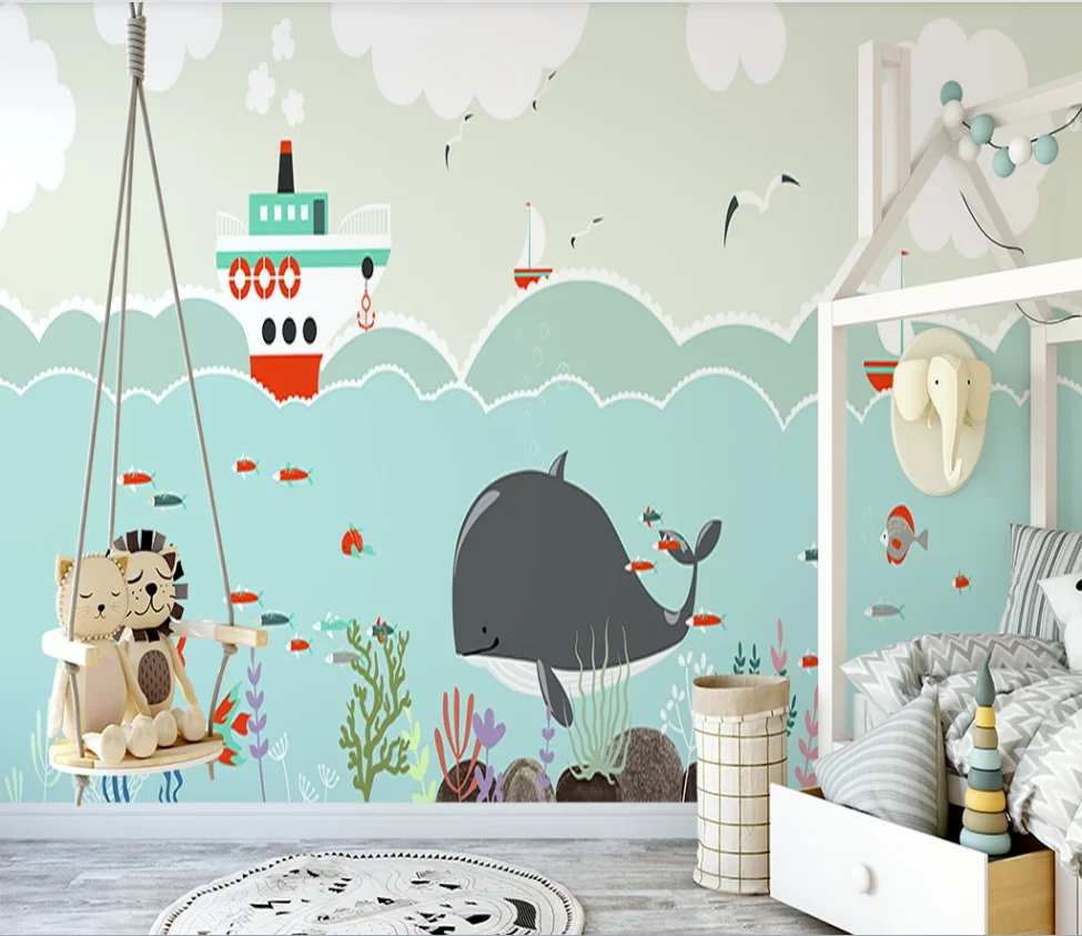XUE SU Custom wallpaper mural hand-painted cartoon whale sailing underwater world children's room background wall | Обустройство