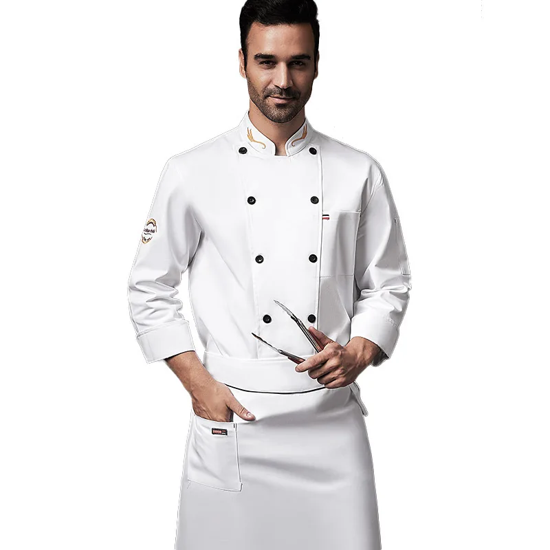 

Unisex White Hotel Chef Overalls Spring Long-Sleeved Sweat-Absorbent Breathable Western Restaurant Stand-Up Collar Chef Clothes
