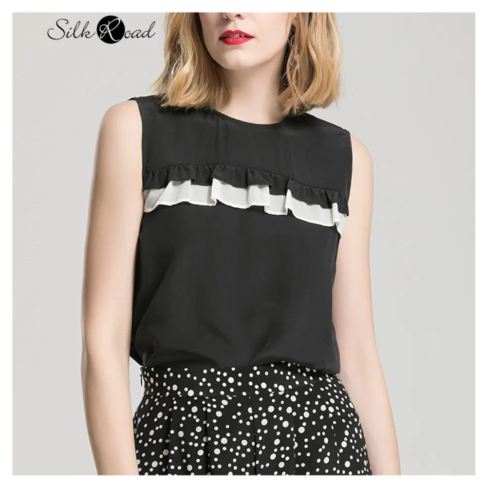 

Silviye Sleeveless women's 2020 new summer silk vest lotus leaf side mulberry silk T-Shirt Top Air Black