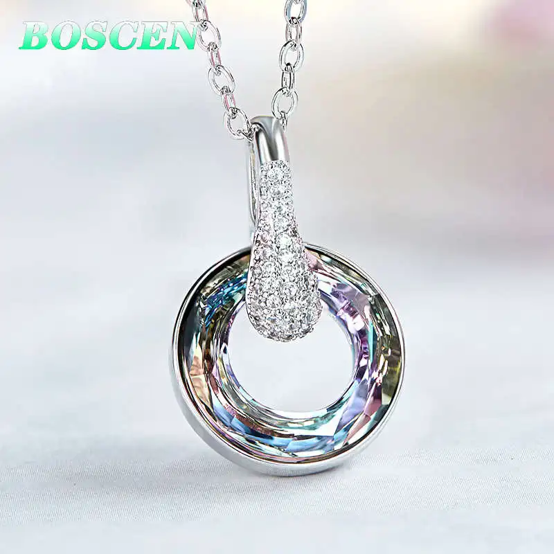 BOSCEN кулон ожерелье для женщин Девушка День рождения подарок на день Святого Валентина украшенный кристаллами от Swarovski Круглые красочные - Цвет камня: brass Colorful