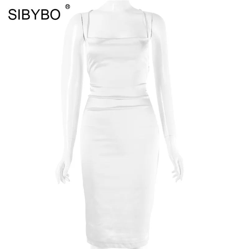 Белый Sibybo, сексуальное облегающее платье на шнуровке с открытой спиной, без рукавов, Бандажное летнее платье-карандаш для женщин, пляжная одежда, женское вечернее платье - Цвет: Белый