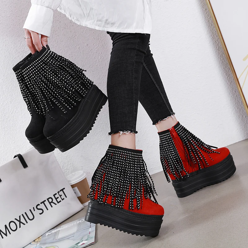 

Fashion new 13cm sponge cake platform high heels show tassel boots inner heightening wedge heel short boots women