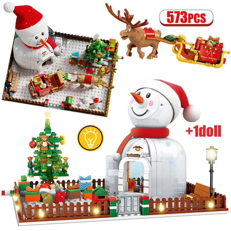 

573pcs City Street View Led Light Snowman Tree House Building Blocks Friends Elk Castle Bricks Toys For Kids Christmas Gifts