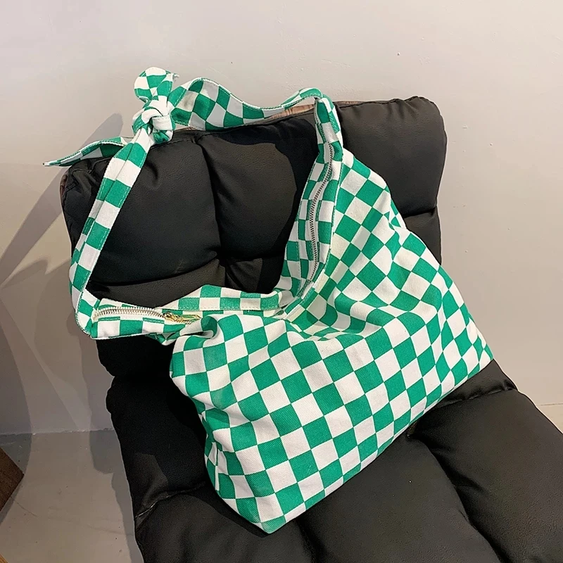 

Bucket Women Cloth Shoulder Handbags Bag 2021 Fashion Small Casual Grid Travel Green Environmental Protection Purses