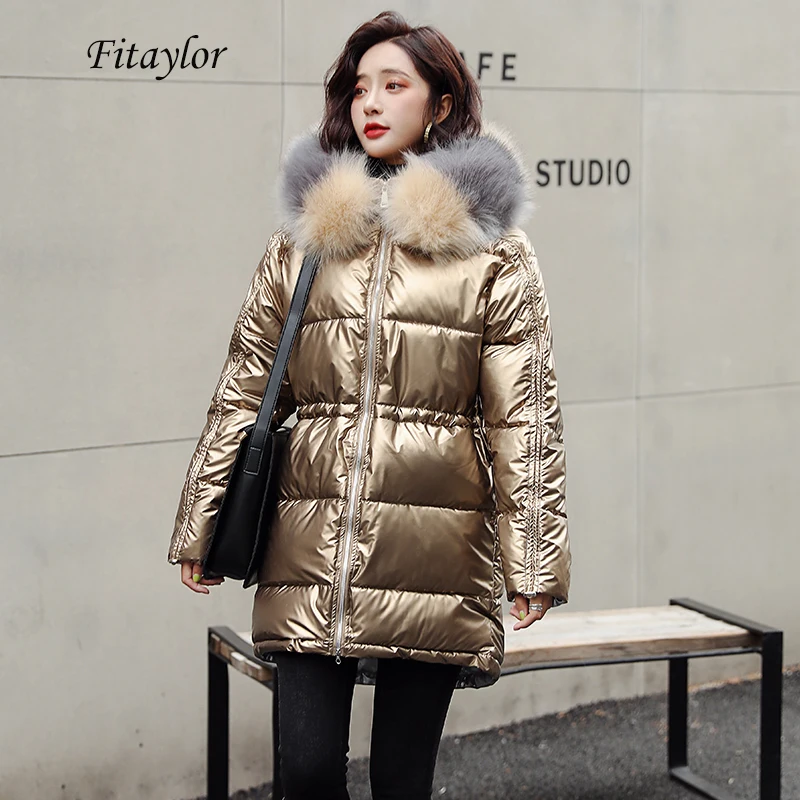 Fitaylor зимние блестящие куртки для женщин с капюшоном средней длины хлопковое