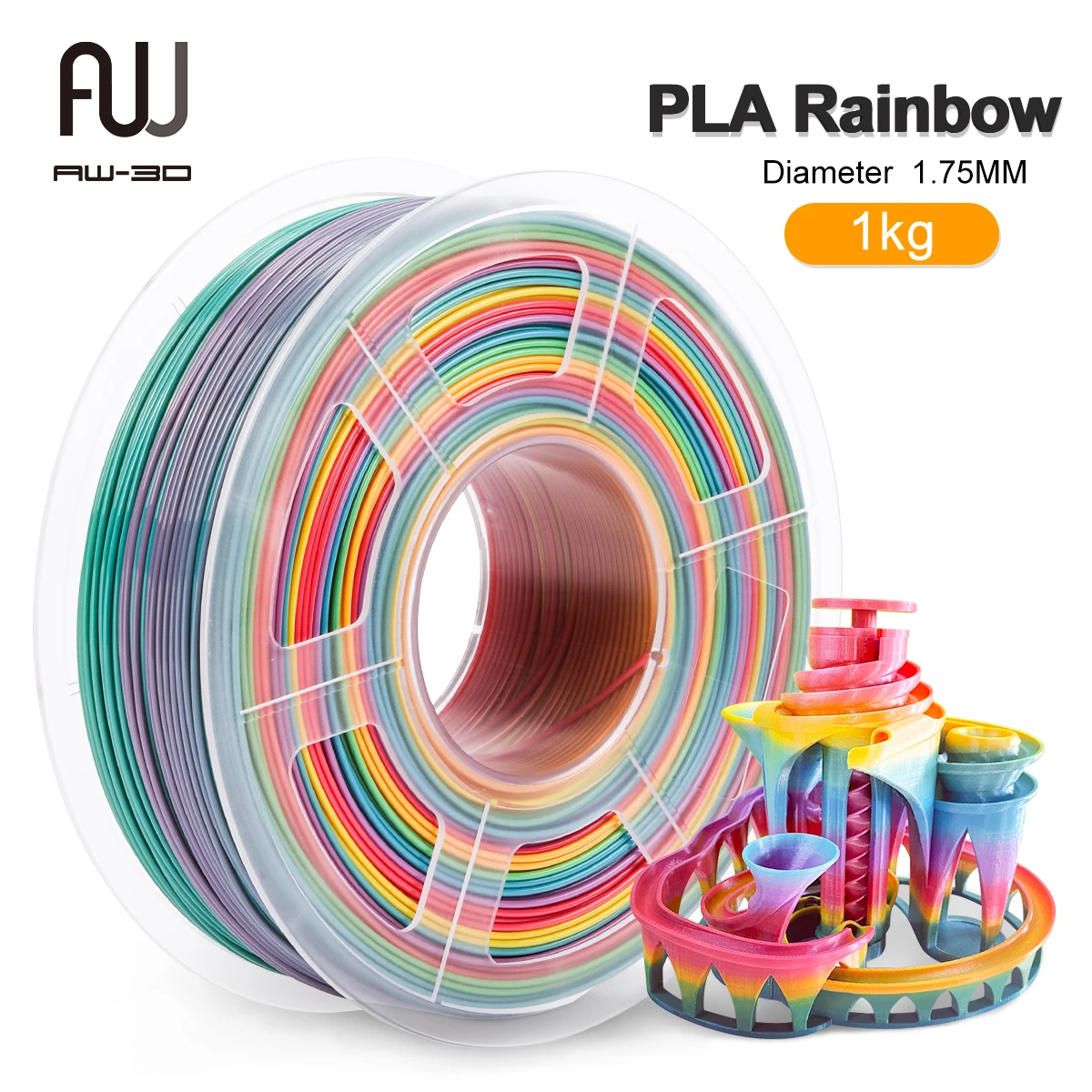 

AW 3D PLA Rainbow SILK 1.75mm 1KG 3D Printer Filament Rainbow Color Texture Accuracy Dimension +/-0.02mm 3D Printing Material