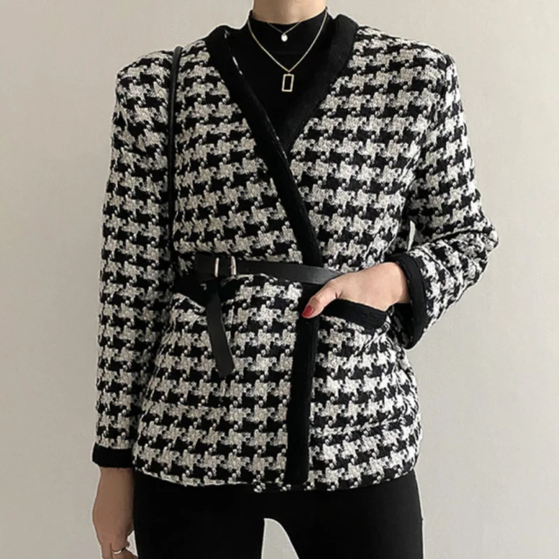 

New 2021 Autumn Winter Jacket Women Korean Single-breasted Pockets Vintage Houndstooth Coat Veste Automne Femme Slim Outwear