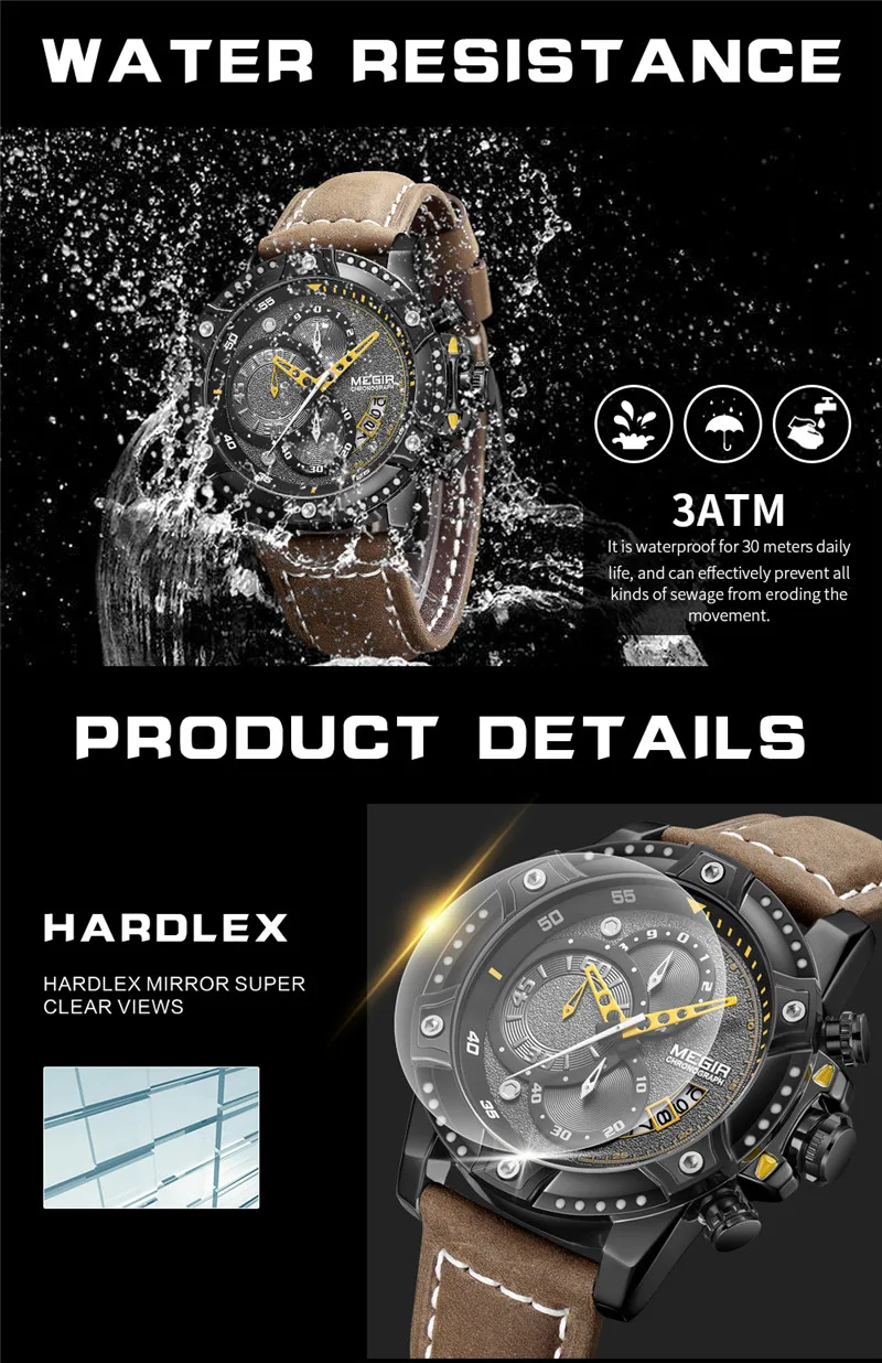 Часы MEGIR мужские с хронографом в стиле милитари 3D циферблатом спортивные
