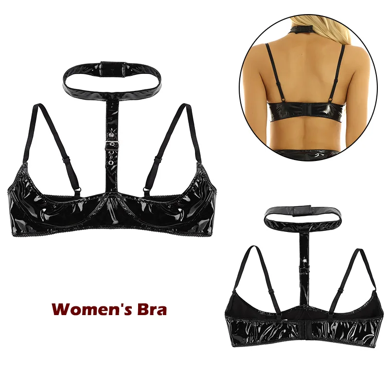 Hot Sexy Women Wet Look Patent Leather Lingerie Halter Adjustable Spaghetti Straps Open Half Cups Wire-free Erotic Bra | Тематическая