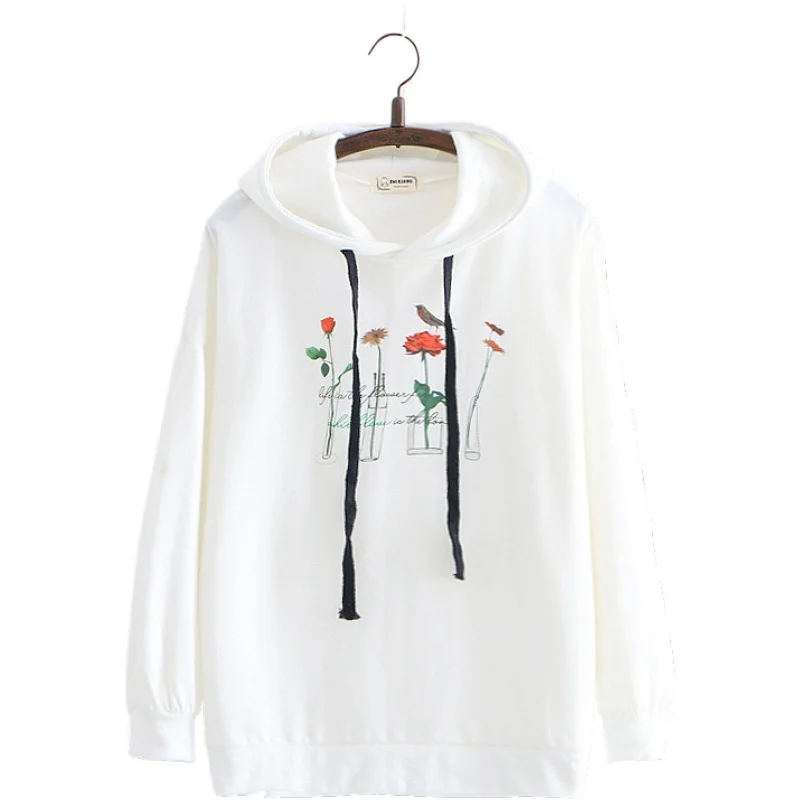 

White Floral Print Casual Women Hooded Sweatshirts 2020 Autumn Winter Long Sleeve Drawstring Hoodies Korean Style Female Tops
