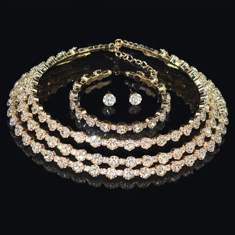 NEW Gold silver Metal Rhinestone Collar Necklaces for Women Round 3Row collar mujer collares Fashion Jewelry Choker Wholesale