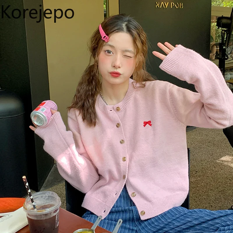 

Женский вязаный кардиган кореjepo, Новинка осени 2021, милый розовый короткий свитер с круглым вырезом и длинным рукавом, куртка в японском стил...
