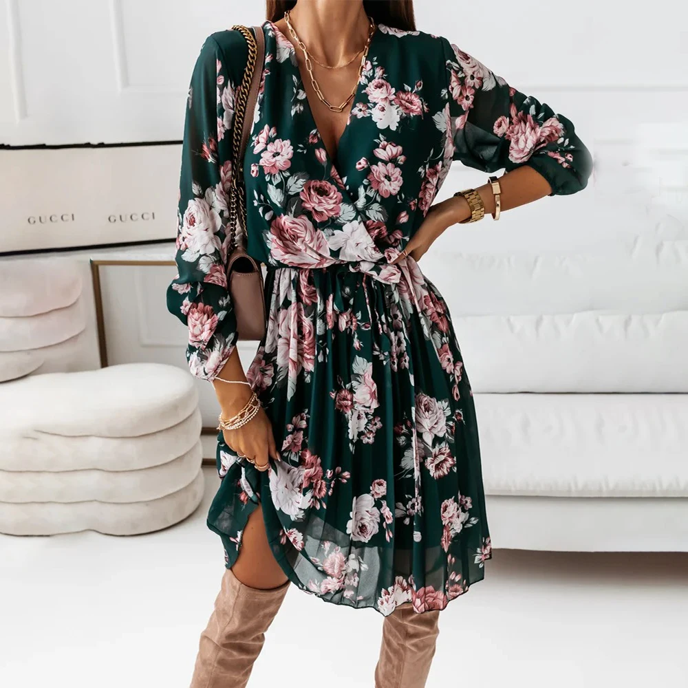 

Chiffon Long Sleeve Floral Print Dress Women 2021 Autumn Casual Deep V Neck Green Pleated Office Dresses For Women Robe Femme
