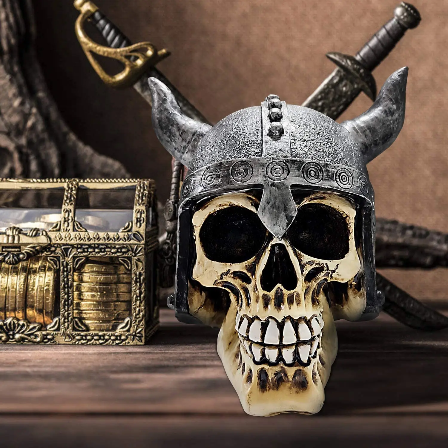 

Skull Statue Home Decoration Resin Craft Skull with Viking Helmet Figurines Sculpture Home Decoration Accessories