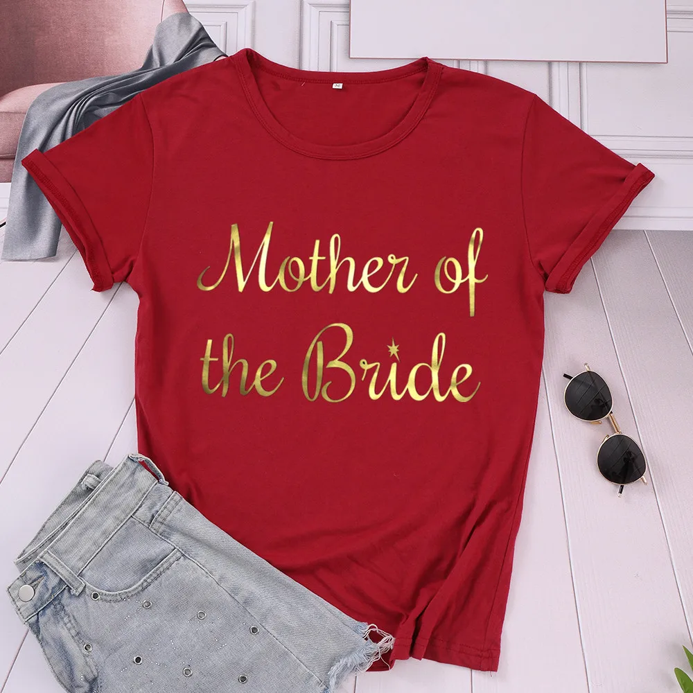 

Mother of The Bride Squad забавные с золотыми буквами женская футболка с короткими рукавами; Хлопковые футболки с круглым вырезом модная девичник вече...