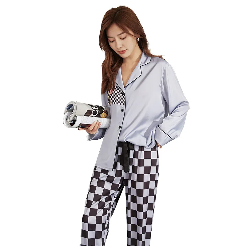 

women spring new imitation silk pajamas checkered home clothes sleepwear women women sleepwear pajamas