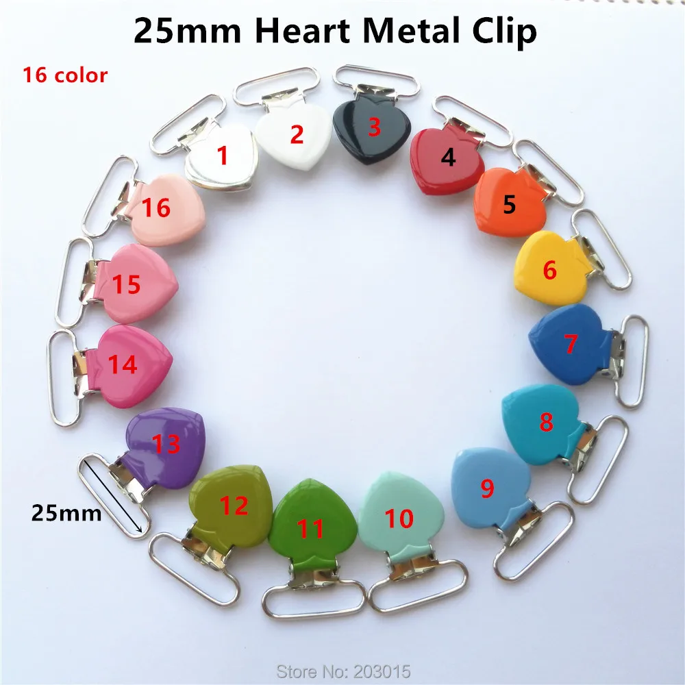 

50pcs/lot 1'' 25mm Heart metal suspenders soothers holder clips for baby dummy pacifier Chain clips Lead Free