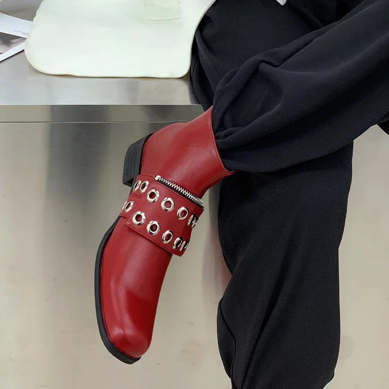 

Women England Style Rivets Ankle Boots Autumn Winter Metal Decoration Square Toe Boots Fashion Zipper Office Lady Red Boots