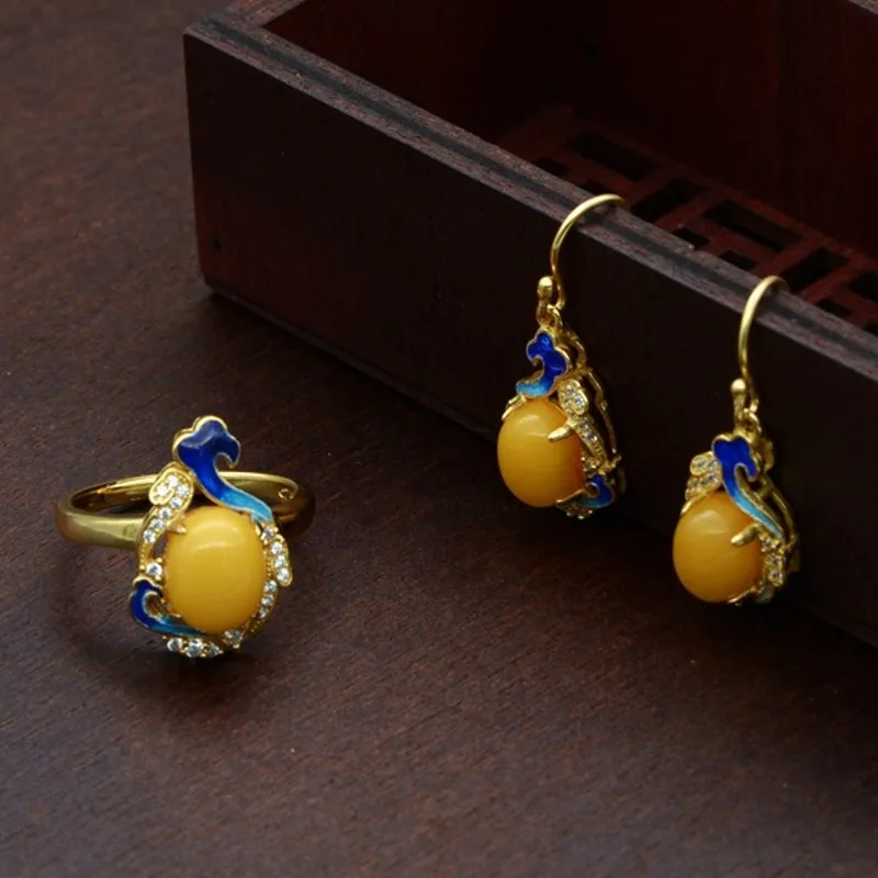 

BOCAI New real S925 silver gold-plated burnt blue style enamel beeswax earrings auspicious cloud woman ring set