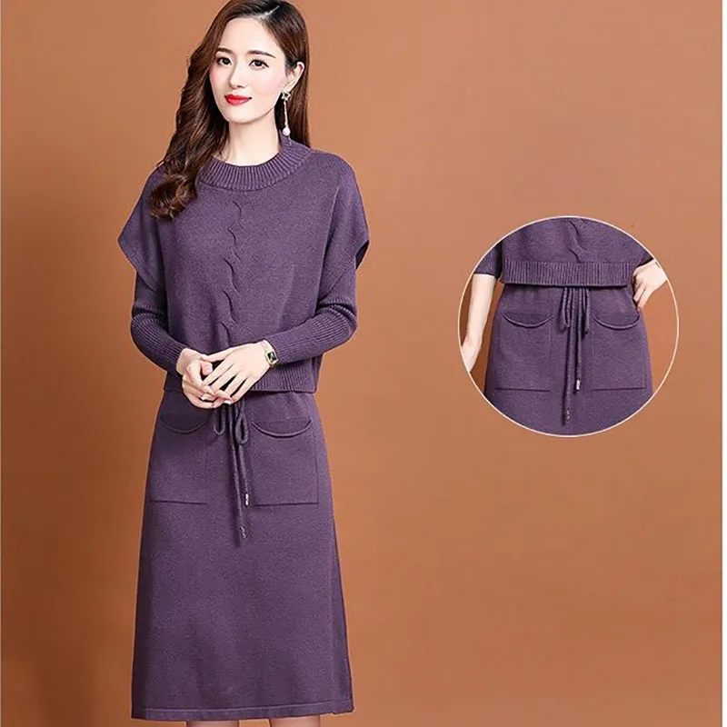 

2021 New Solid color Fal lknit Sweater Two Piece Set Casual Waist Display Tie Up Women Skirt Fashion Pullover Long Sleeve dress