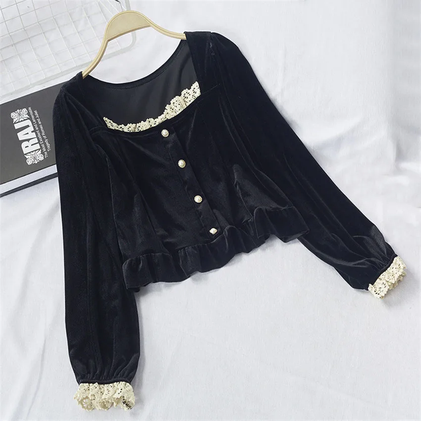 Женская винтажная бархатная футболка черная Элегантная укороченная Футболка во