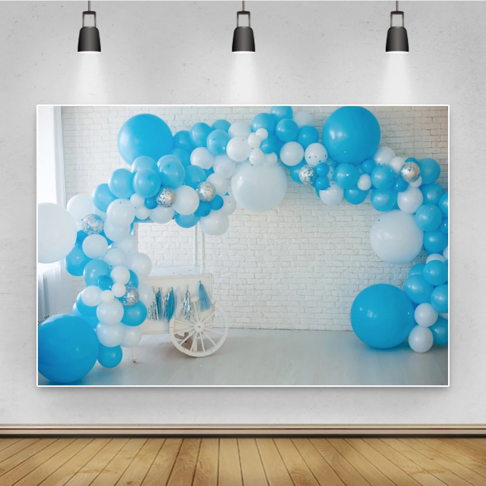 

Happy 1st Birthday Party Baby Shower Kid Baby Portrait photophones Balloons White Brick Wall Photo Babckdrop Photo Background