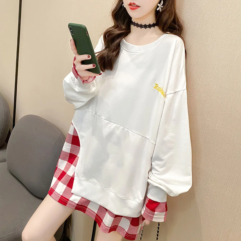 

Japan Style Hoodie Spring Summer New Korean Fashion Loose Casual Simple Hot Sale Fake Two Splicing Lattice Round Neck