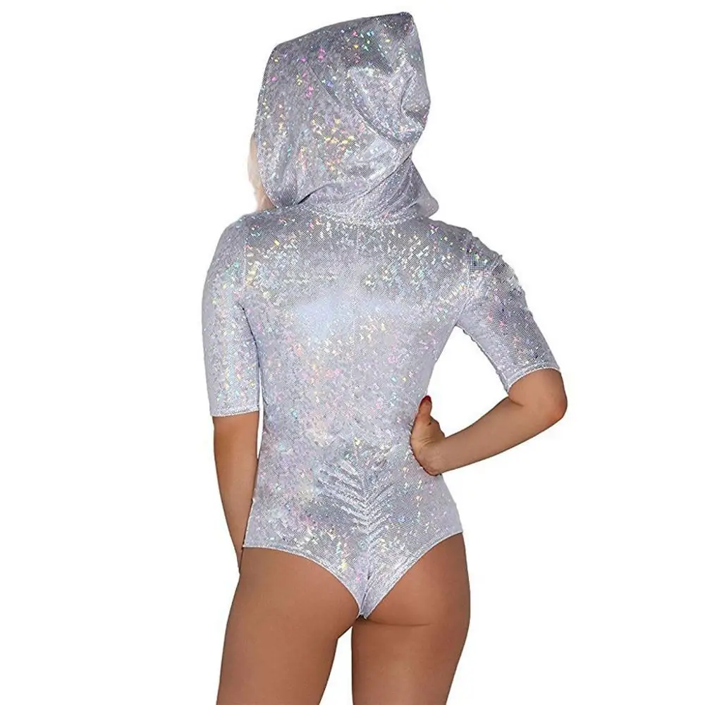 Women Sexy Bodysuit Hooded Half Sleeve V-neck Bandage Clubwear Slim Jumpsuit Shiny Playsuit Body Femme #2D13 | Женская одежда