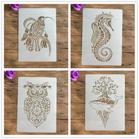 4pcs set a4 animal seahorse kingfisher owl whale stencils painting coloring embossing scrapbook album decorative template