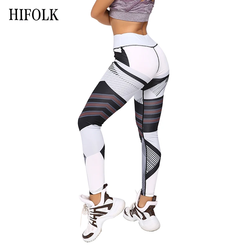 HIFOLK стильные леггинсы для фитнеса черные белые с прострочкой принтом высокие