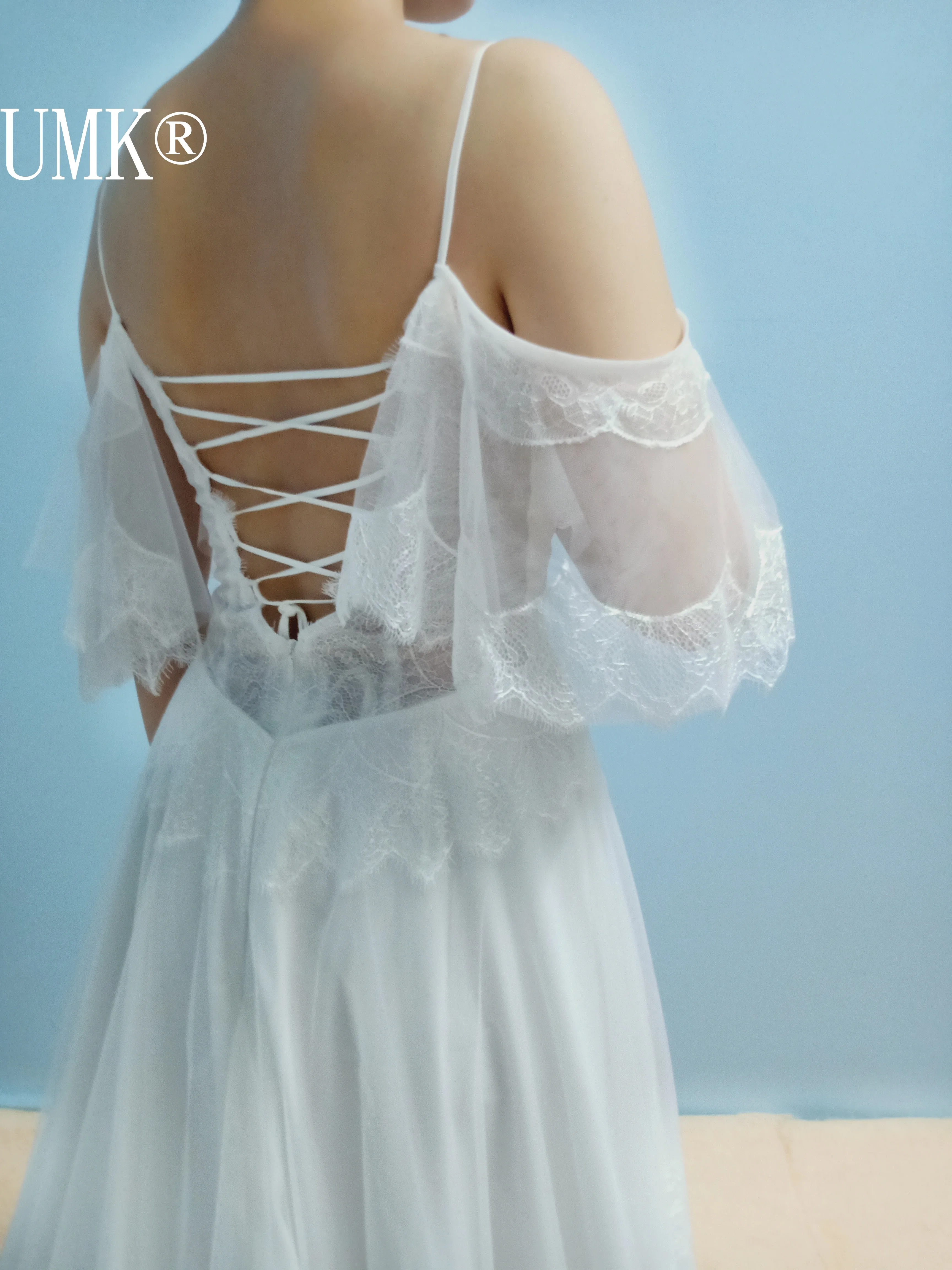 UMK Sexy Backless Lace-up Boho Wedding Dress V Neck Spaghetti straps Ruffles Sleeve A-Line Lace Bridal Gowns | Свадьбы и торжества