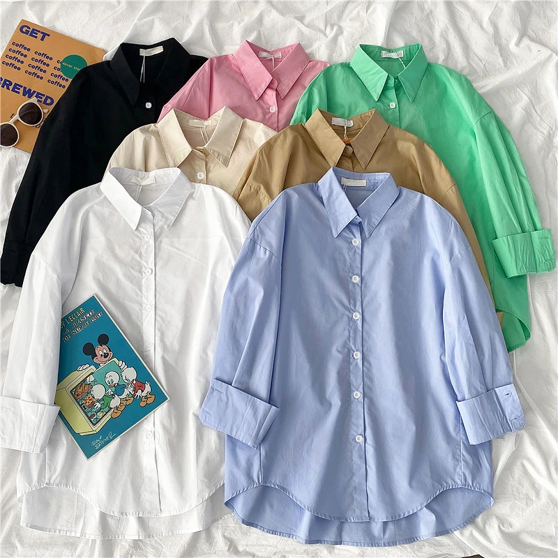 

Рубашка женская однобортная с лацканами, свободная блузка в стиле оверсайз, модная Асимметричная блуза в Корейском стиле, белая