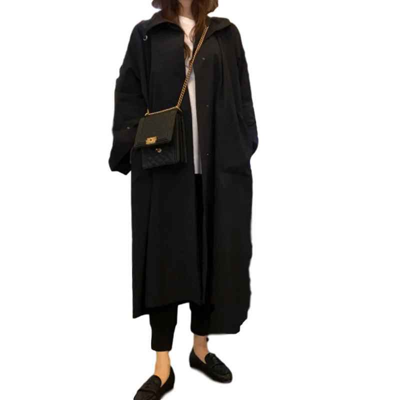 

LANMREM 2020 Autumn Mid-long loose long-sleeved single breasted black windbreaker women large size over-knee fashion coat 2A485