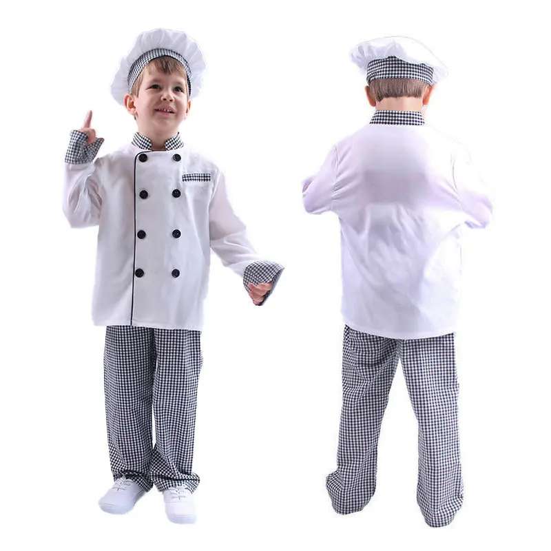 

Униформа шеф-повара для маленьких мальчиков, белая рубашка + клетчатые брюки + шапка повара, костюм для косплея с длинными рукавами, детские костюмы одежды