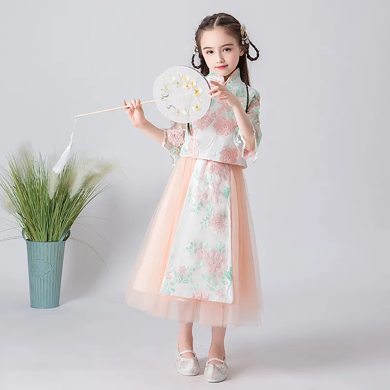 

Flower Girl Wedding Bridesmaid Formal Lace Embroidery Flowers Dress Mandarin Collar Cheongsam Chinese HanFu vestido chino robe