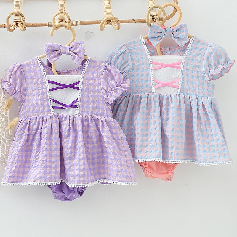 

Lovely Princess Style Toddler Baby Girl Dress Romper Cotton Plaid Short Sleeve Newborn Baby Jumpsuit Summer Baby Girls Clothes