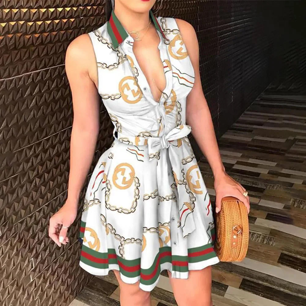 

Summer Casual Short Sleeve Women Dress 2021 New V-neck Single-breasted Lace-up Fashion Sexy Multicolor Printed A-line Skirt
