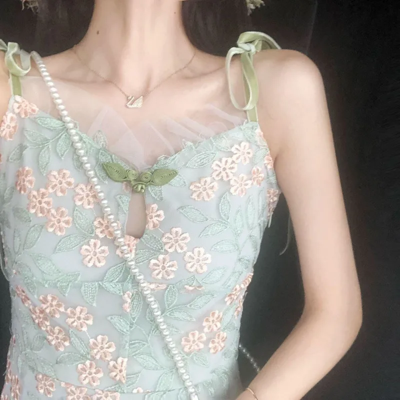 

2021 Matcha Green Dresses Retro Bellflower Dress First Love High Waist Fmale Summer Dress For Women f443