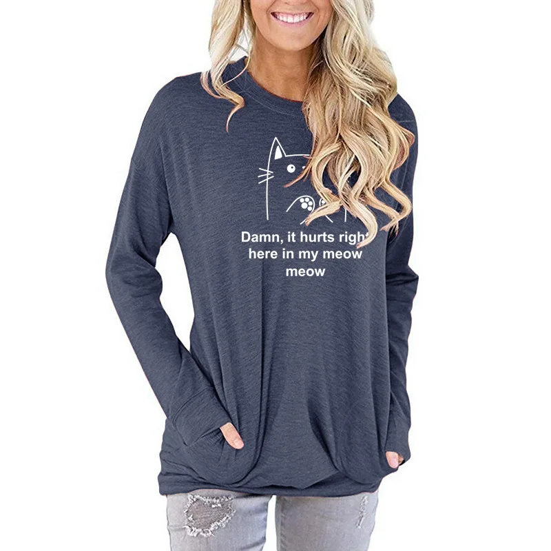 

Новая женская футболка с круглым вырезом Harajuku, цветная футболка с принтом кота из мультфильма «Don't Touch Me», повседневная женская футболка с длинными рукавами, большие размеры