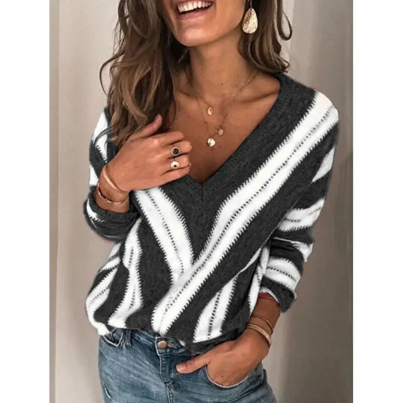 

Women Autumn V Neck Long Sleeve Sweater Tops Loose Knit Pullover Sexy Tops Patchwork Striped Print Elegant Pullover Sweater New
