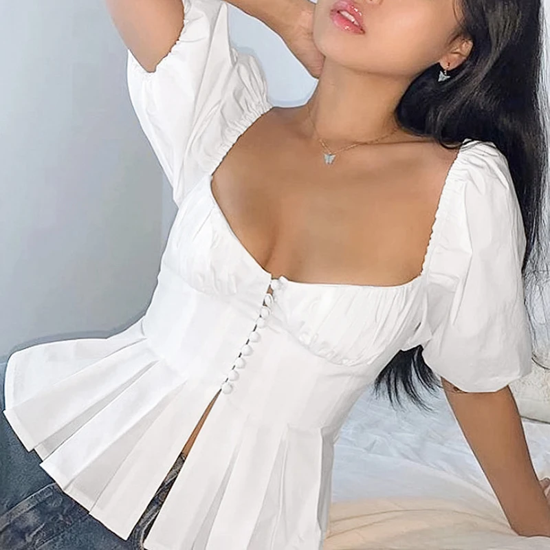 

VGH Sexy White Shirts For Women Square Collar Puff Short Sleeve Minimalist Slim Blouses Female 2021 Summer Fashion Clothes Style